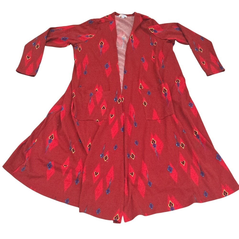 LuLaRoe Sarah Duster Cardigan XL Red Geometric Diamond Print Open Front NWT